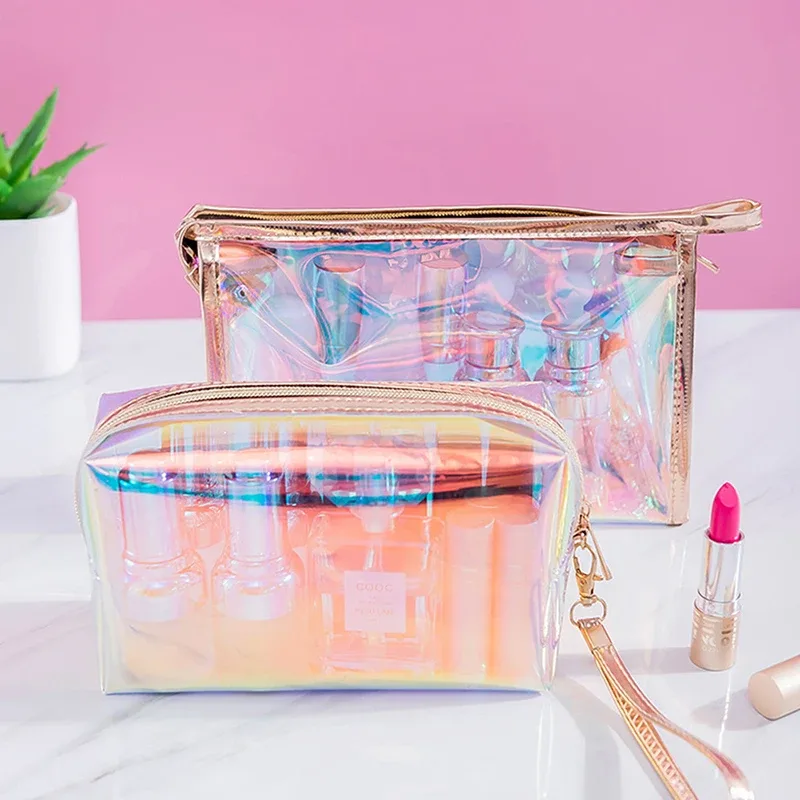 trousse de maquillage transparente en tpu pour femme, trousse cosmétique holographique colorée, trousse de maquillage transparente, trousse de voyage, évaluateurs de beauté, 1 pc