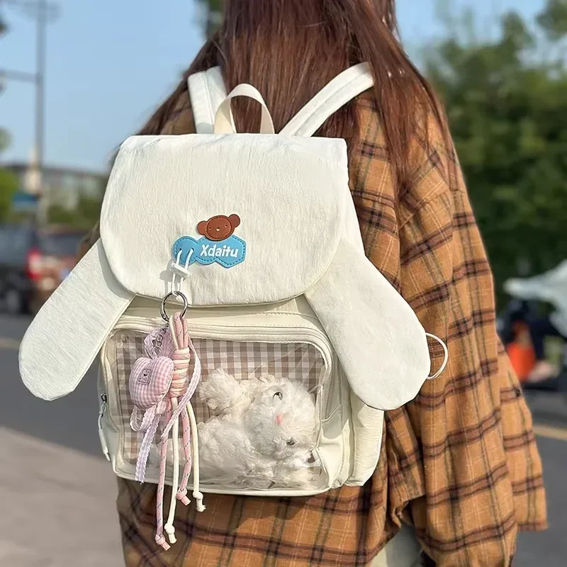 y2k bow oreille de lapin japonais ita sac à dos lolita fille sac transparent mignon haute capacité sac à dos style preppy sac à dos à volants
