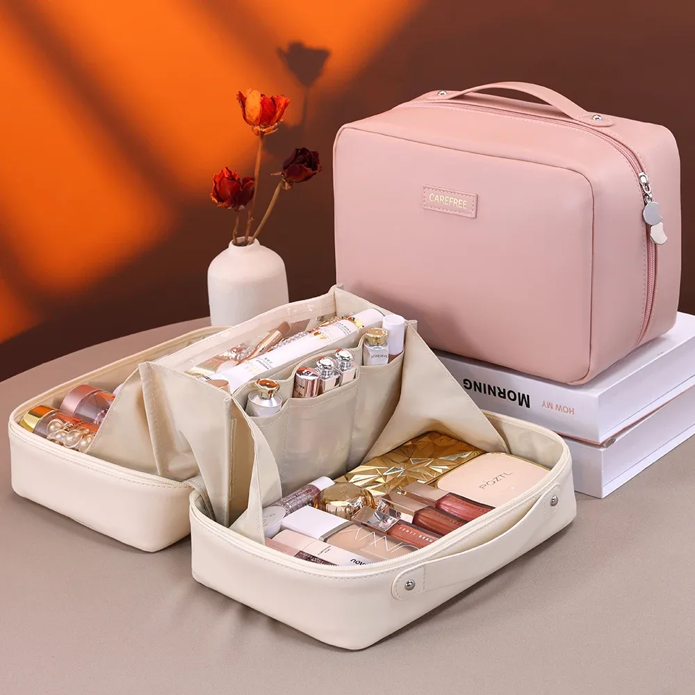 Sac de maquillage en cuir PU étanche de grande capacité, sac de rangement de cosmétiques de voyage Portable pour femmes, sac de lavage de soins de la peau