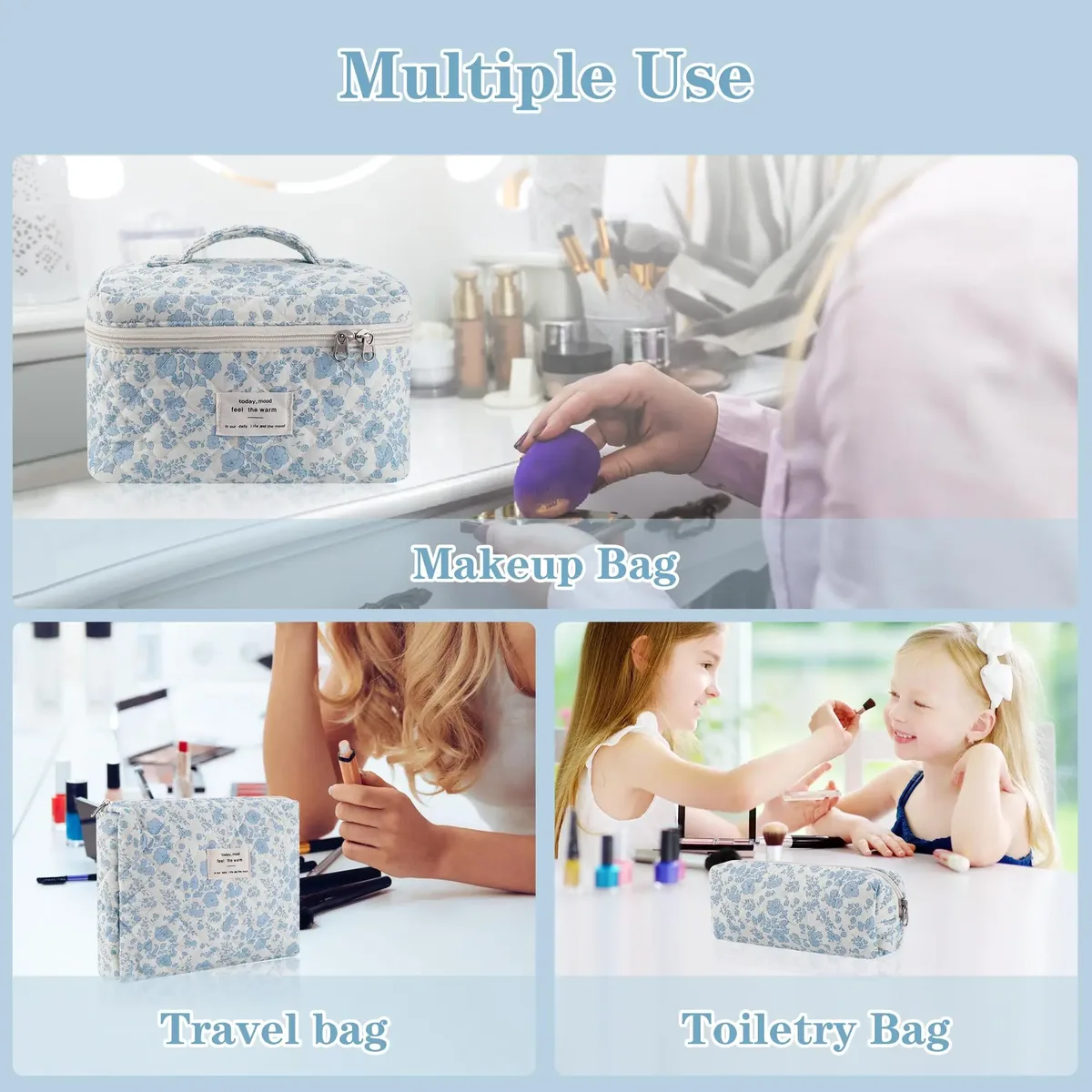trousse de maquillage matelassurera en coton pour femme, trousse de toilette portable pour fille, sac à main à fermeture éclair pour femme, trousse cosmétique, évaluation, gril, 3 pièces