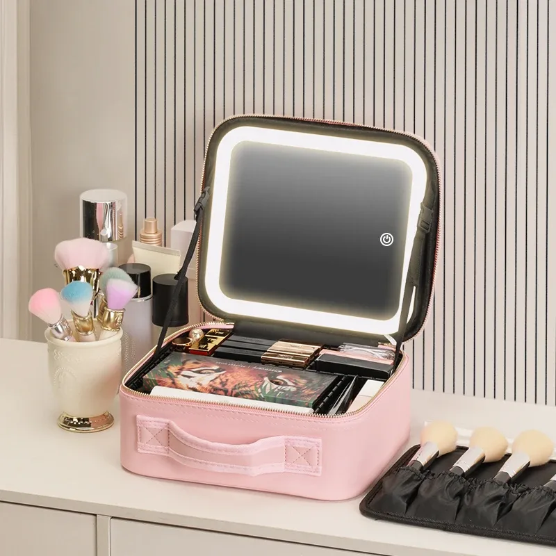 trousse de voyage pour maquillage avec miroir éclairé par led, 3 réglages réglables de couleur, trousse de maquillage de voyage avec séparateurs réglables,