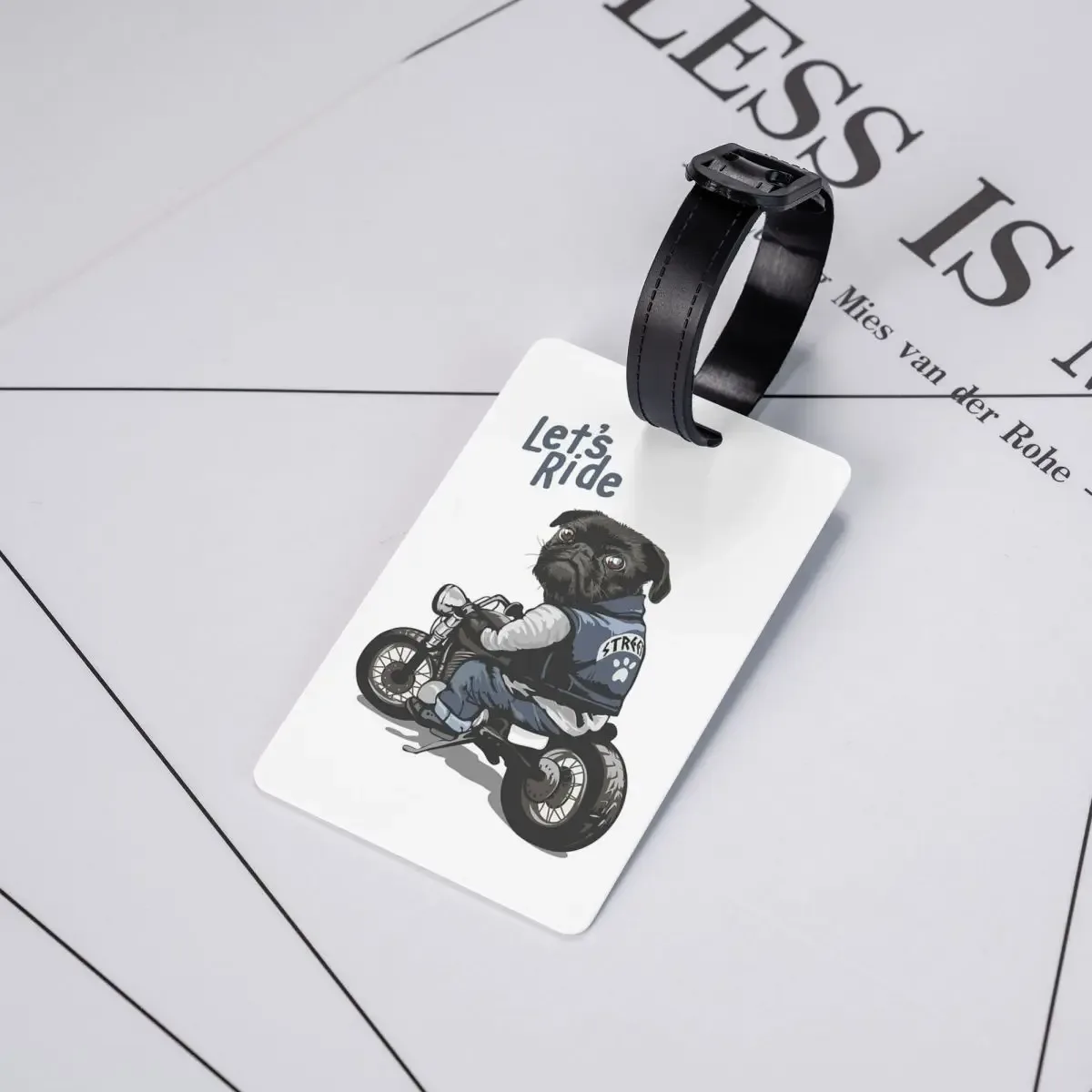 Étiquettes à bagages pour moto, grand véhicule, chien pug noir, étiquettes de voyage pour valise, étiquette de bagage, porte-étiquette, identifiant, nom, adresse