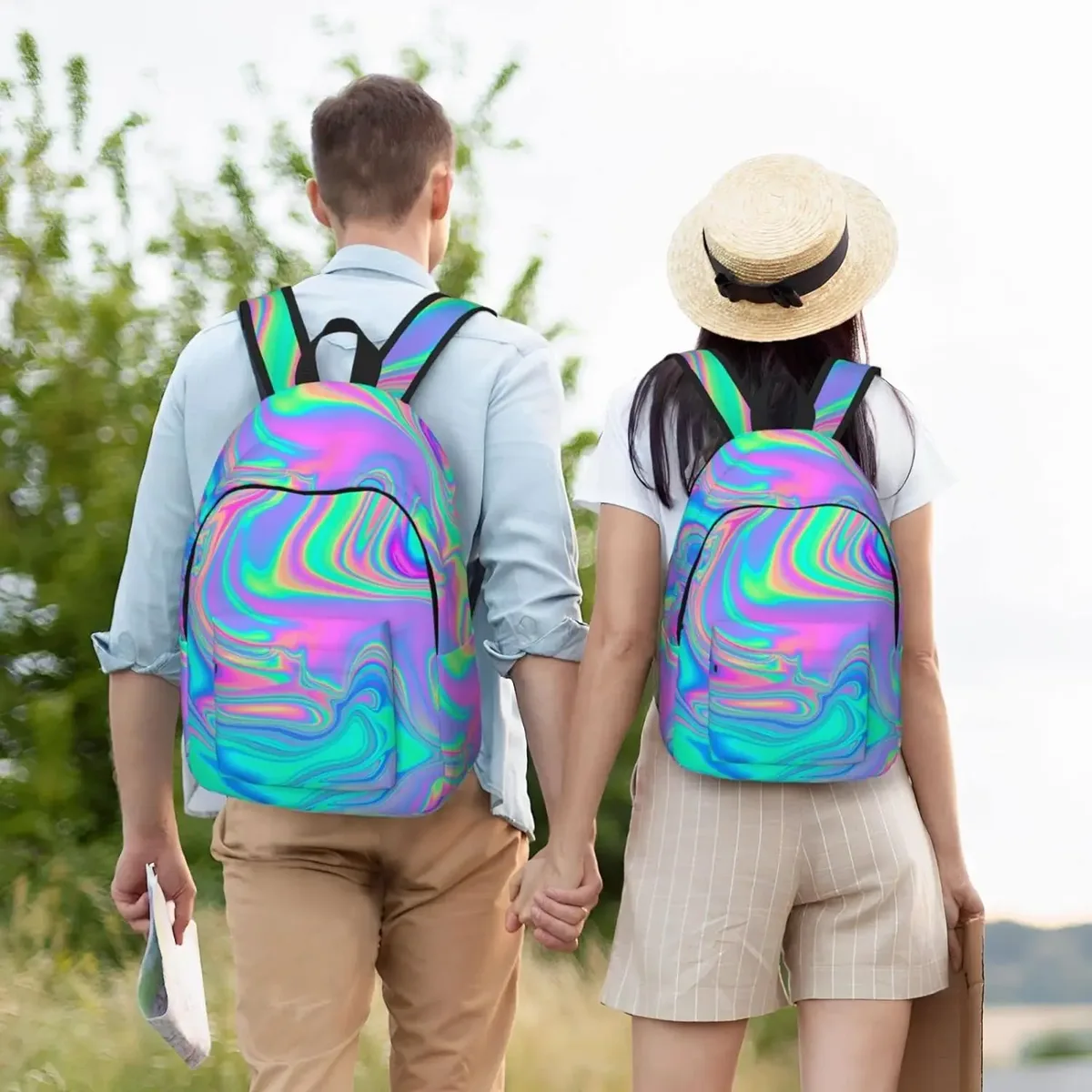sac à dos en toile pour homme et femme, léger, décontracté, irisé, marbré, holographique, bergame, sac pour ordinateur portable, voyage, extérieur