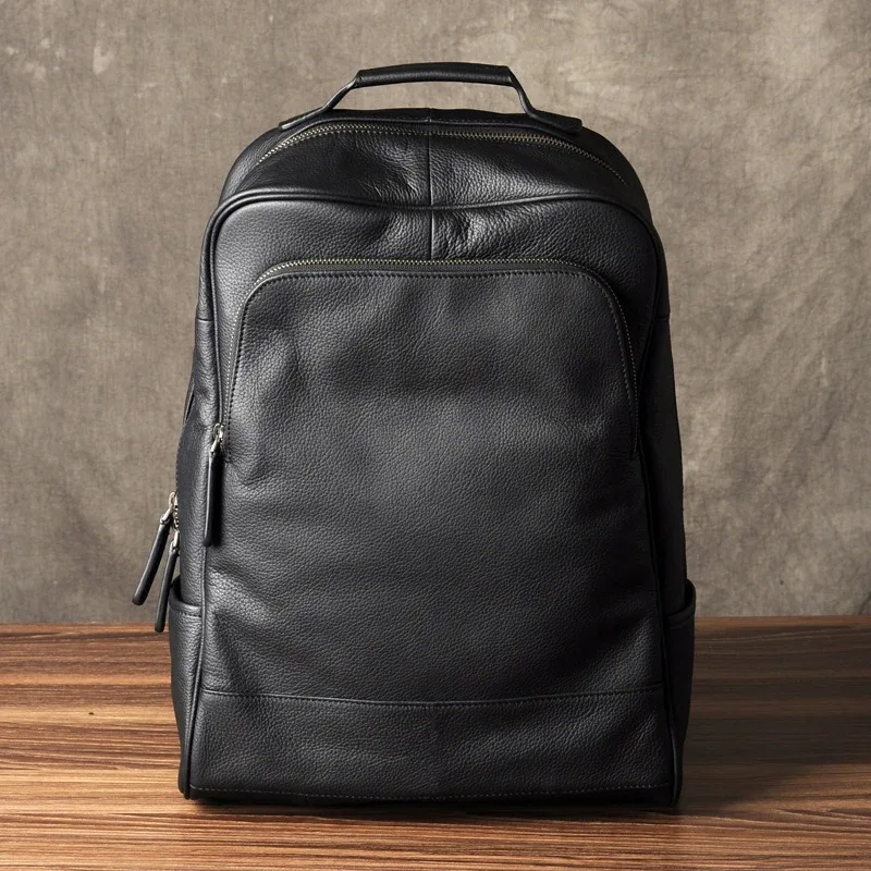 sac à dos en cuir véritable pour homme, accessoire de bonne qualité, à la mode, pour l'école, tous les jours, noir
