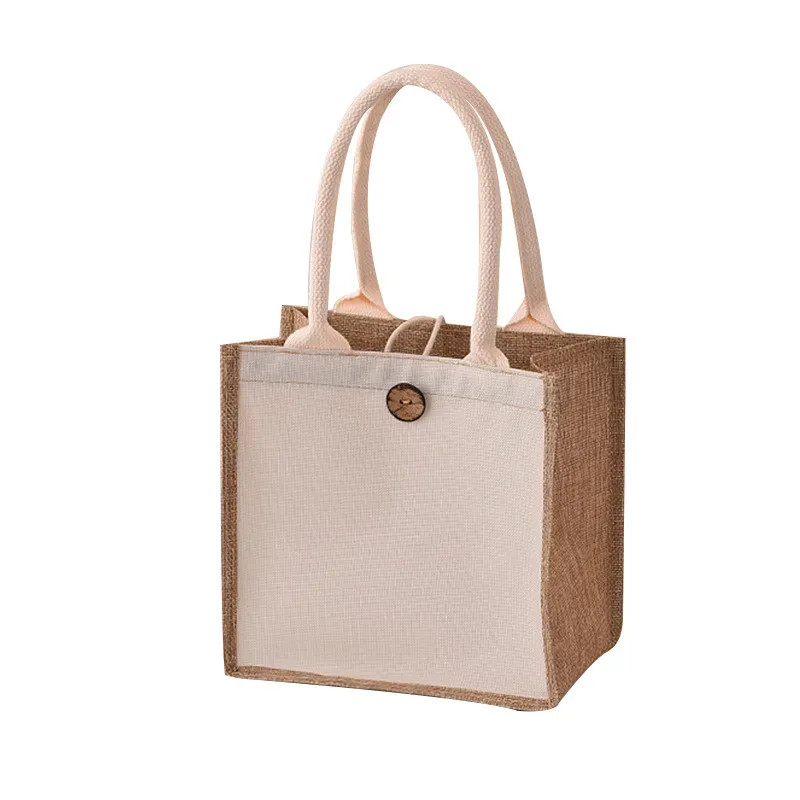 sac fourre-tout en toile de jute avec bouton pour femme, sac à main cadeau de grande capacité, respectueux de l'environnement, sac à provisions réutilisable, sac en chanvre