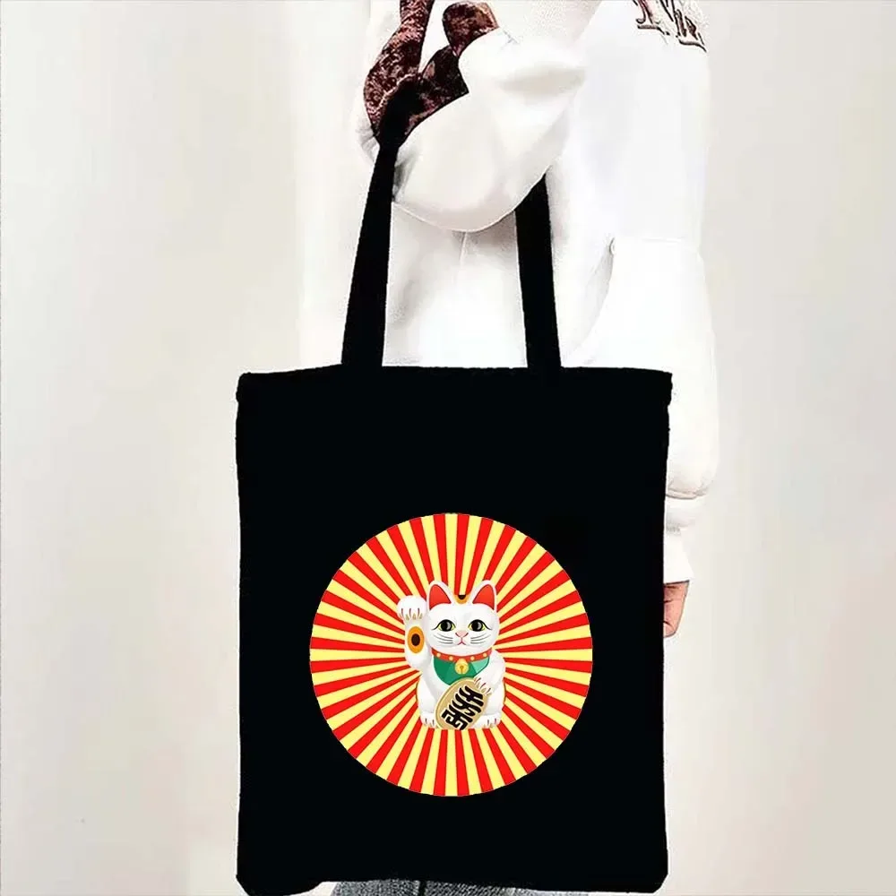 sac fourre-tout en toile à bandoulière pour le shopping, motif maneki neko, chat porte-bonheur japonais mignon, style mont fuji, style japonais, geisha de kyoto, tokyo japon