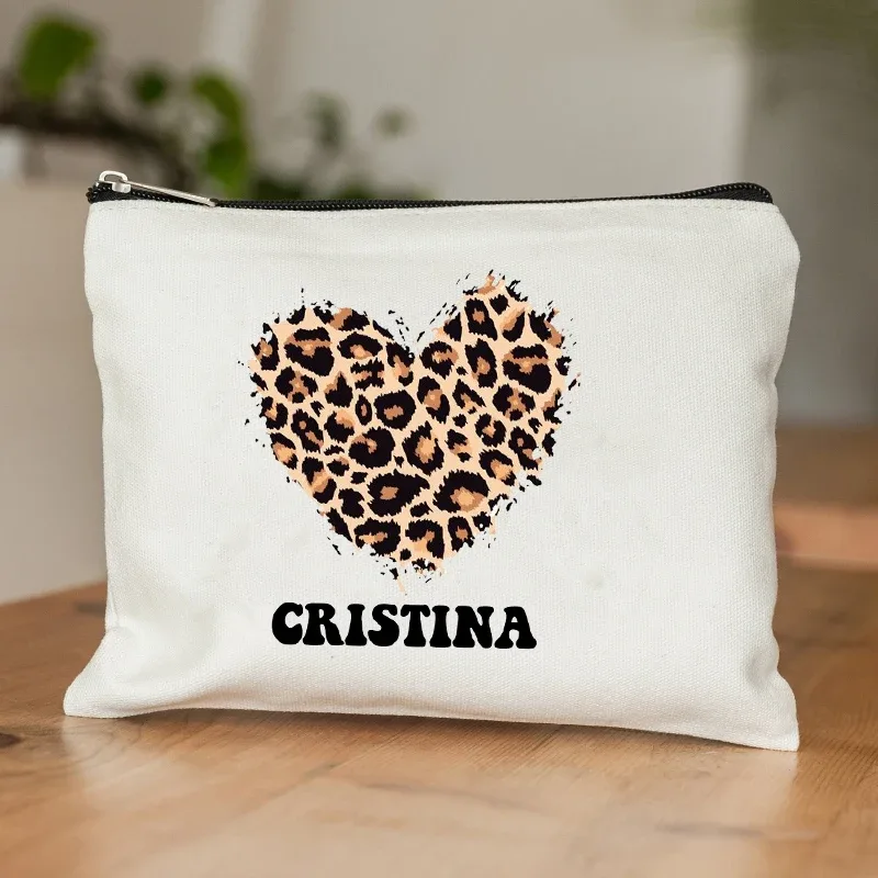 coeur léopard motif nom personnalisation blanc sac de maquillage toile sac de lavage organisateur mode voyage rouge à lèvres sacs de rangement portefeuille