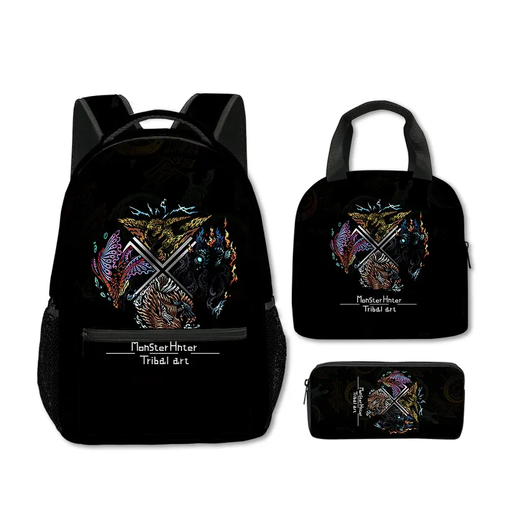 sacs d'école classiques populaires et amusants avec impression 3d de monstres sauvages, 3 pièces/ensemble, sac à dos de voyage, sac à déjeuner portable, trousse à crayons