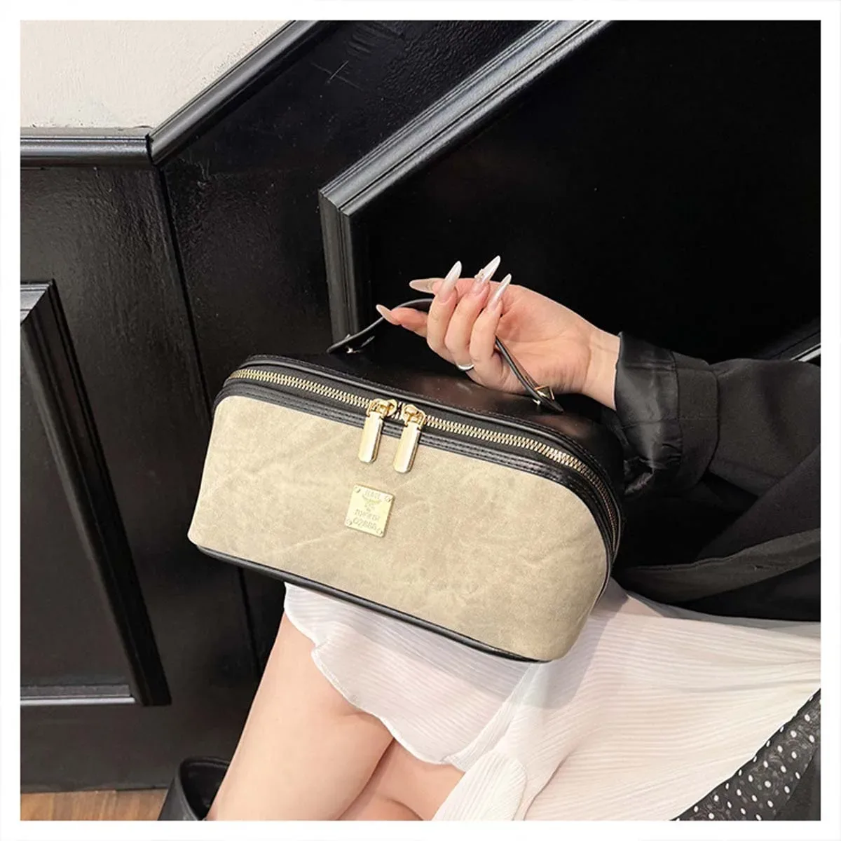 nouvelle trousse de toilette, sac de rangement de voyage haut de gamme en denim et cuir pu avec empiècements color-block, trousse de toilette de marque en métal