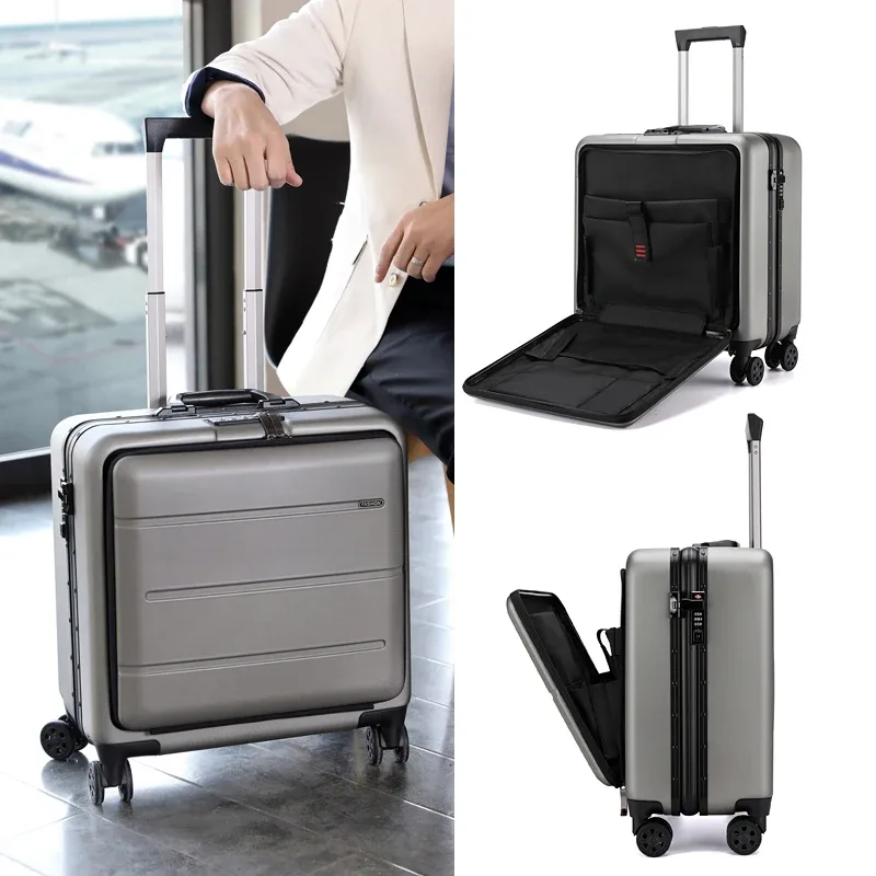 bagage à main avec cadre en aluminium, bagage à roulettes d'affaires, fermeture éclair, ouverture avant, sac à roulettes léger, 18 po