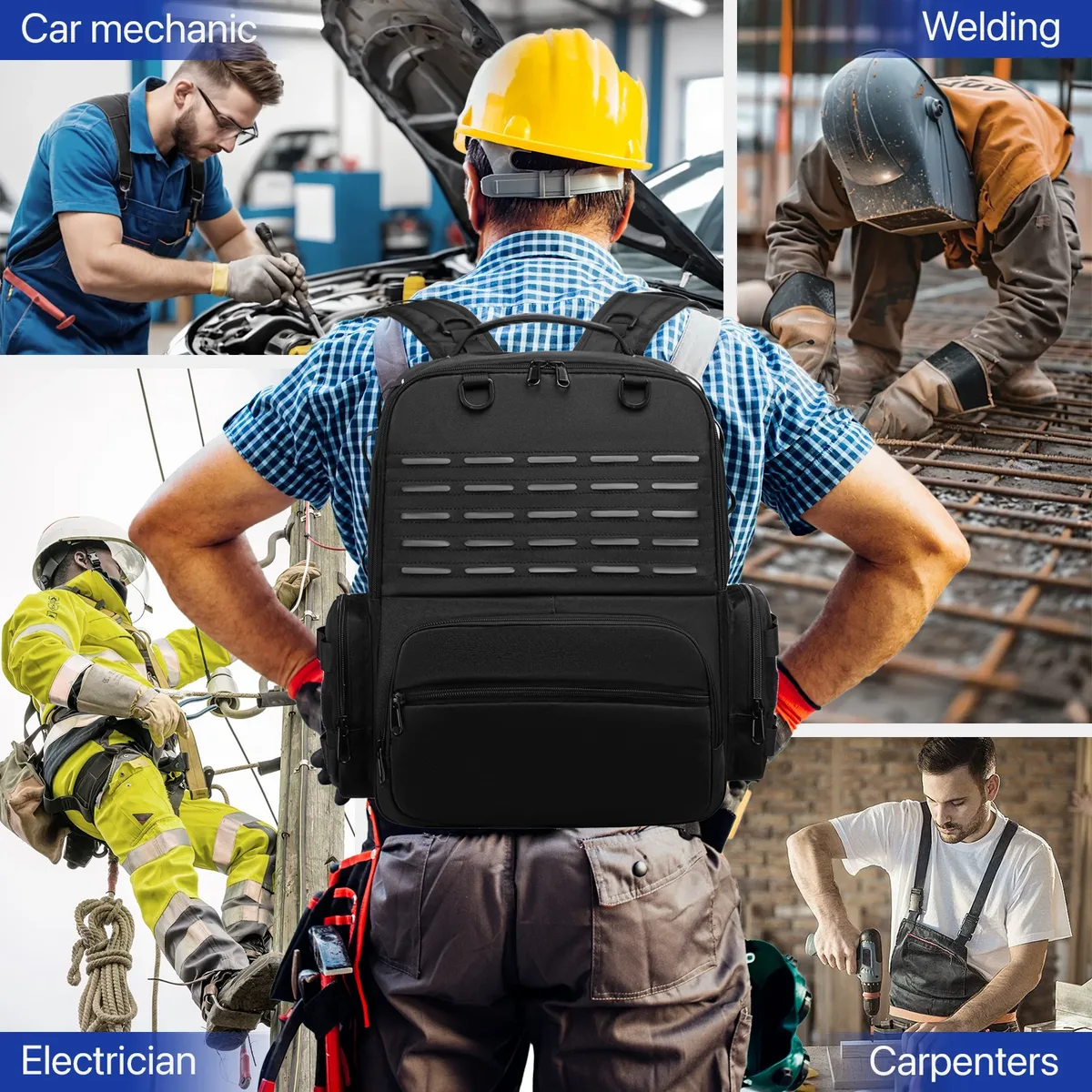 sac à dos à outils robuste pour hommes, rangement d'outils avec 3 pochettes à outils, organisateur d'électricien, plombier, sacs à outils pour travailleurs d'entretien