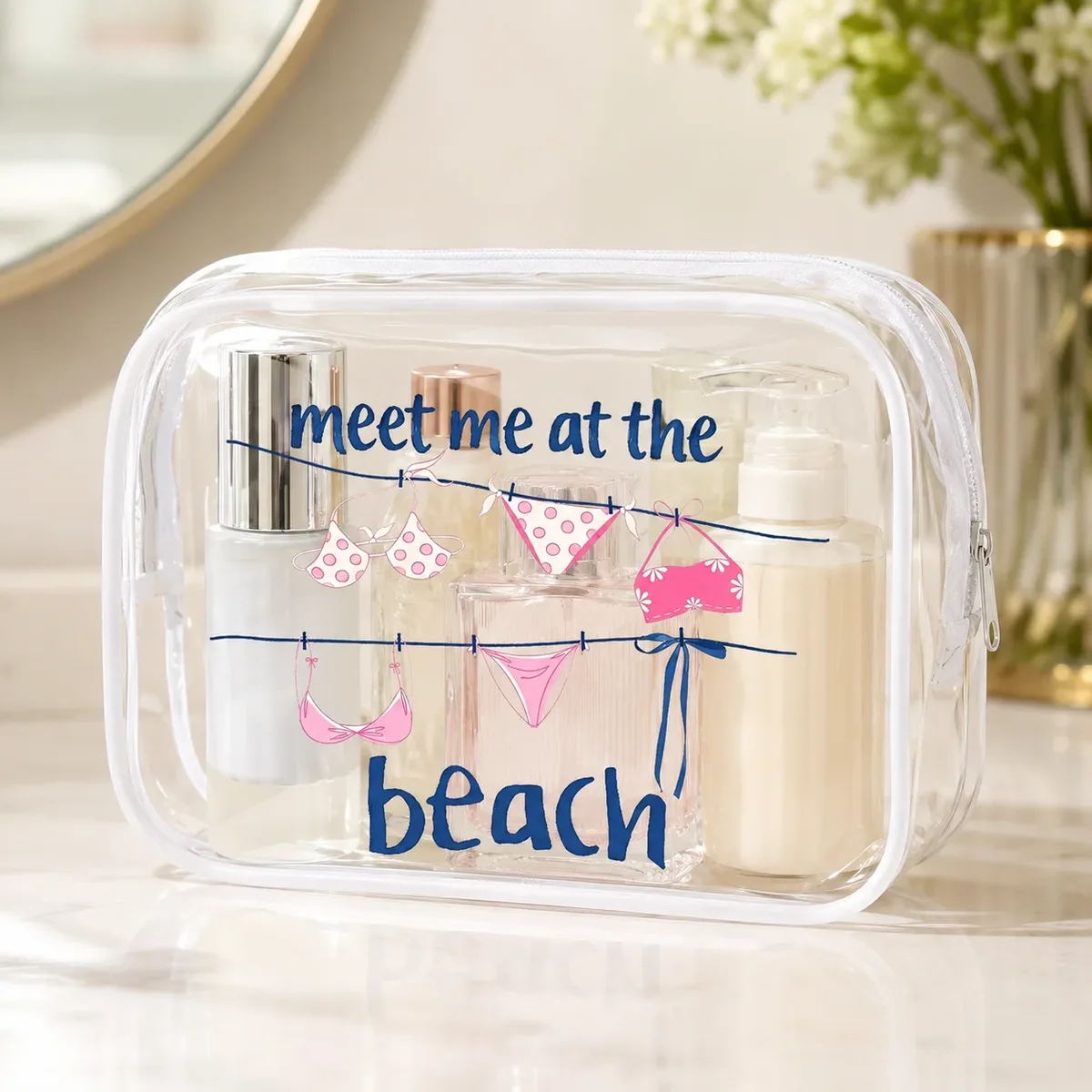 Sac cosmétique transparent en PVC, organisateur de toilette, pochette de voyage à motif de plage, sac de rangement transparent, sac à médicaments, étui de beauté