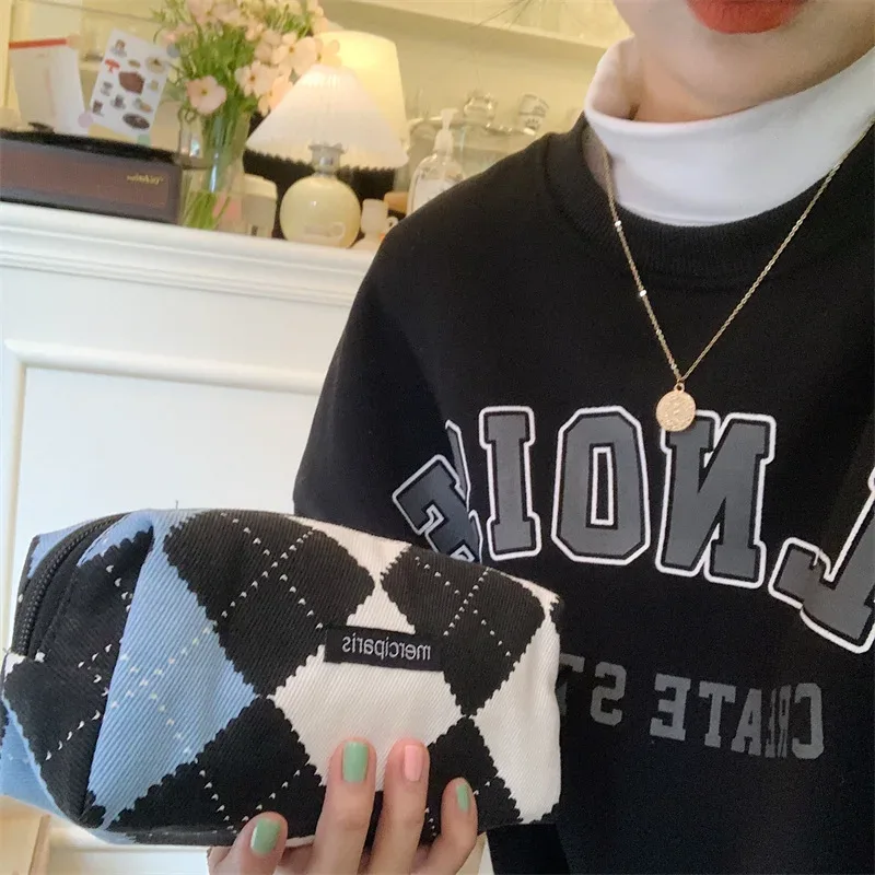 trousse de maquillage de voyage à carreaux, sac de rangement cosmétique, sacs à main pour femmes, portefeuille, étuis à crayons scolaires mignons, sacs en poudre, mode coréenne