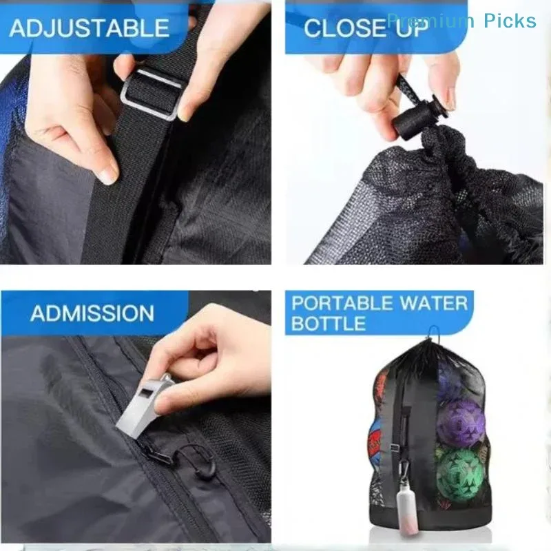 sac de sport portable 1 pièce, très grand, en maille, avec cordon de serrage et poche zippée, pour le football, le basketball, le volleyball.