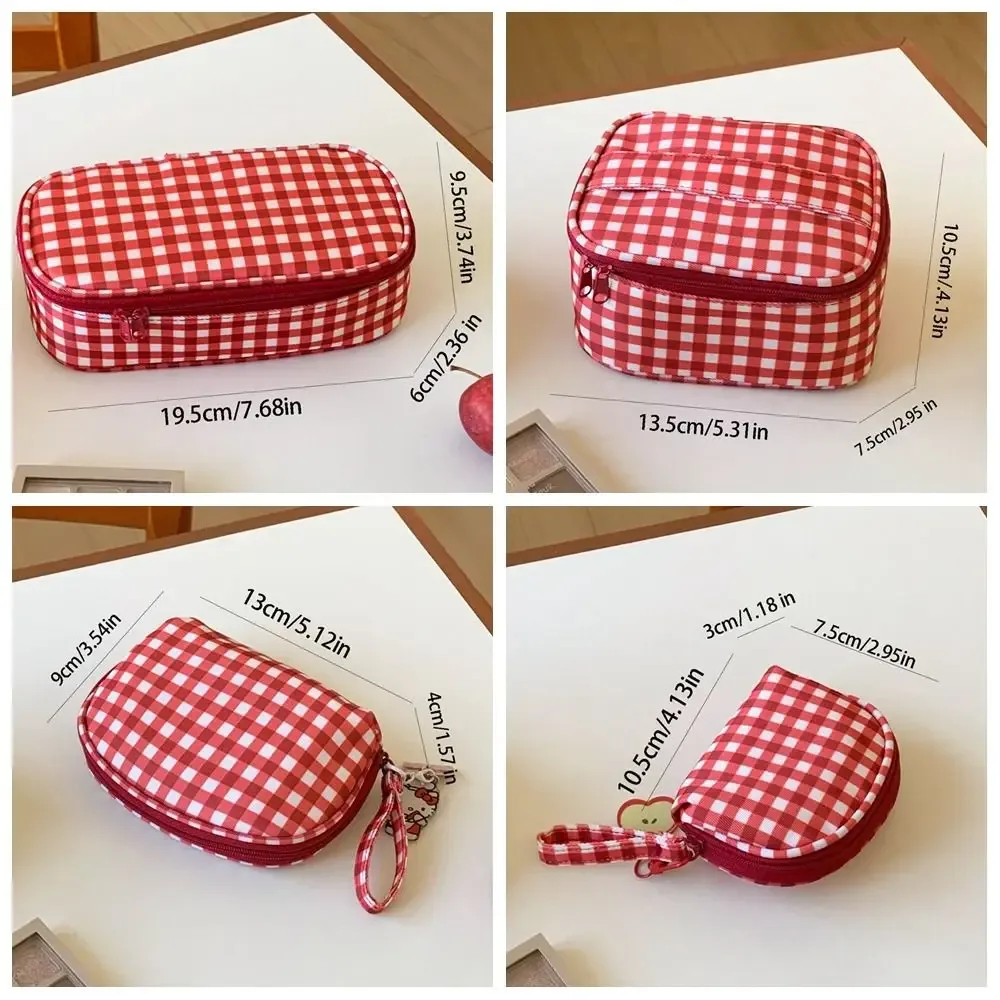 sac de maquillage portable en tissu oxford à carreaux rouges, sac cosmétique multifonctionnel de grande capacité en nylon, trousse de toilette étanche pour voyage