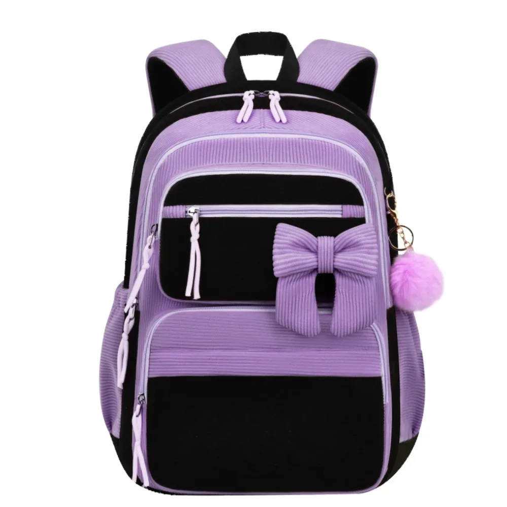 ensemble de 3 pièces : sac à dos, sac à lunch et trousse à crayons en velours côtelé, grande capacité, avec nœud décoratif, 4 couleurs, léger.