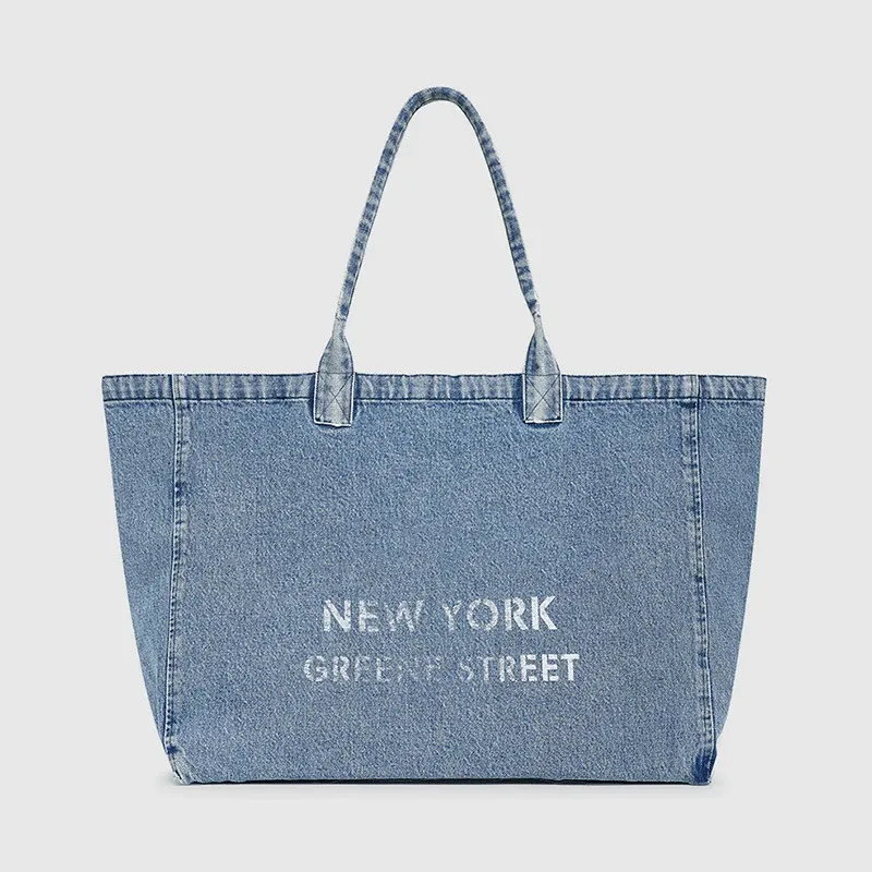 sac fourre-tout en toile denim pour femme, grande capacité, sac de shopping, sac à main décontracté artistique avec lettres, style américain, doublure en polyester souple