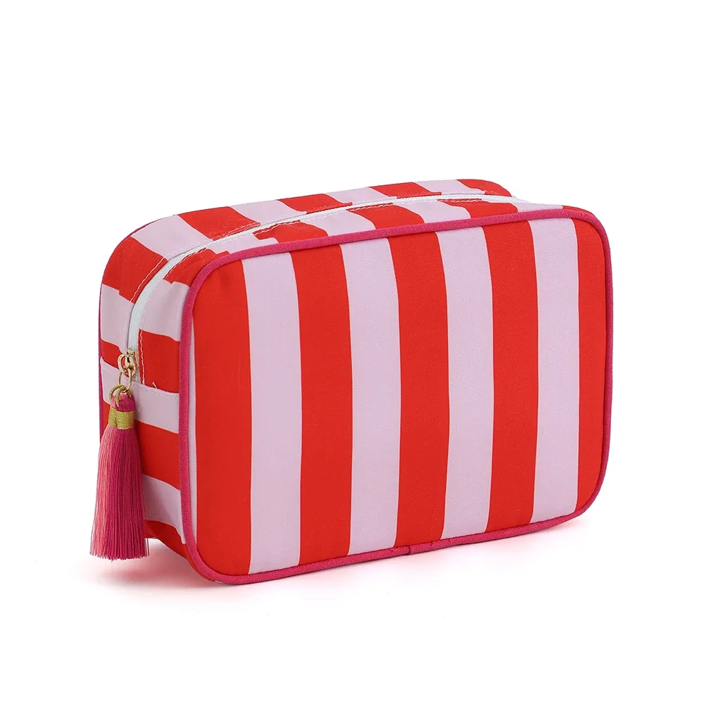grand sac à cosmétiques portable rayé pour femmes, sac de maquillage à pompon avec fermeture éclair, pochette de rangement de grande capacité