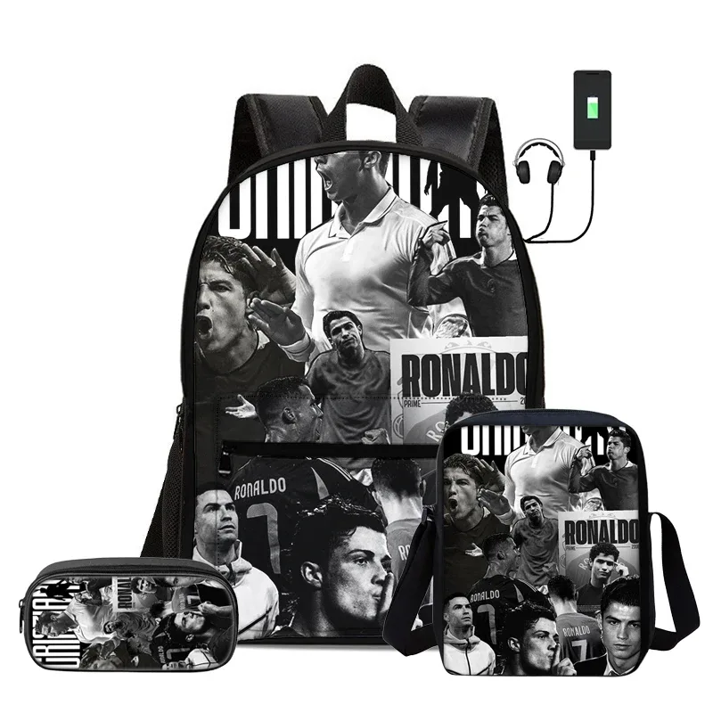 ensemble de 3 sacs à dos avec sac à bandoulière, trousse scolaire pour enfant, sac à dos ronaldo avec interface usb, sac à dos pour enfants