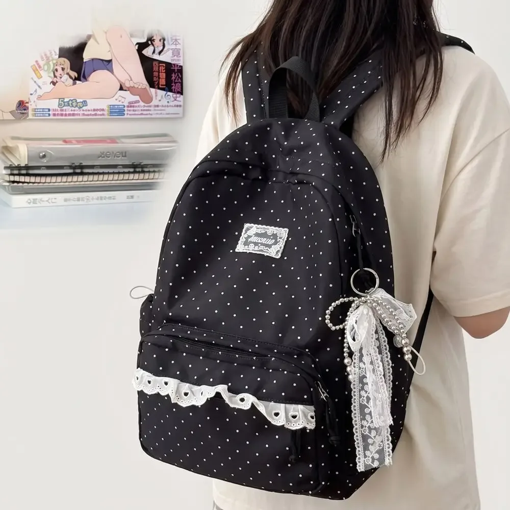sac à dos y2k à pois, style minimaliste, grande capacité, avec dentelle, léger, design nœud, idéal pour étudiants, cadeau