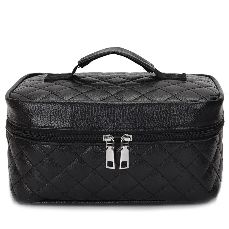 sac de maquillage de voyage de mode, grande capacité, noir, fil à broder en pu, grille de diamant, sac de toilette, sac de rangement de maquillage