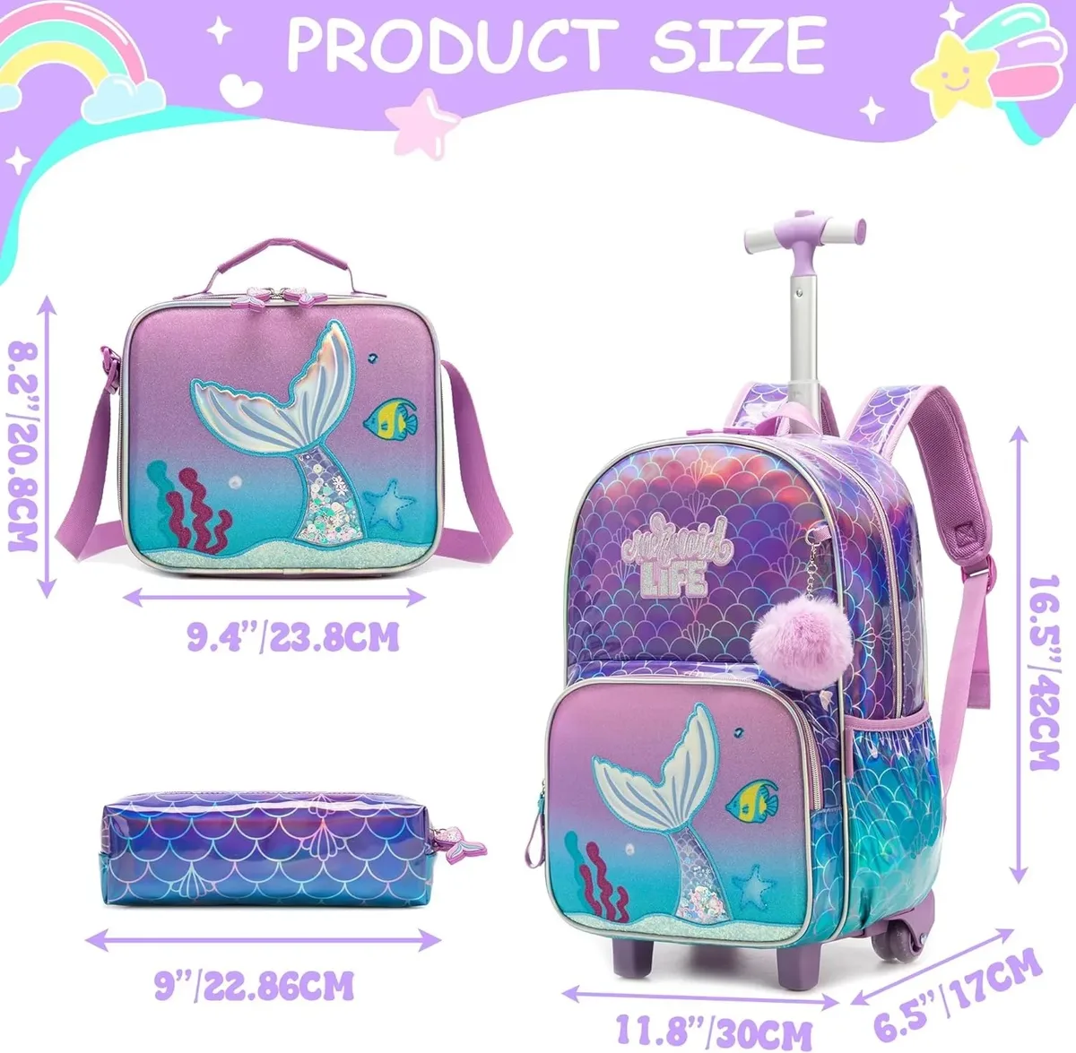 ensemble de sacs à dos roulants pour filles, sac à dos d'école avec roulettes, bagages de voyage, sac à dos à roulettes pour enfants, essentiels de rentrée scolaire