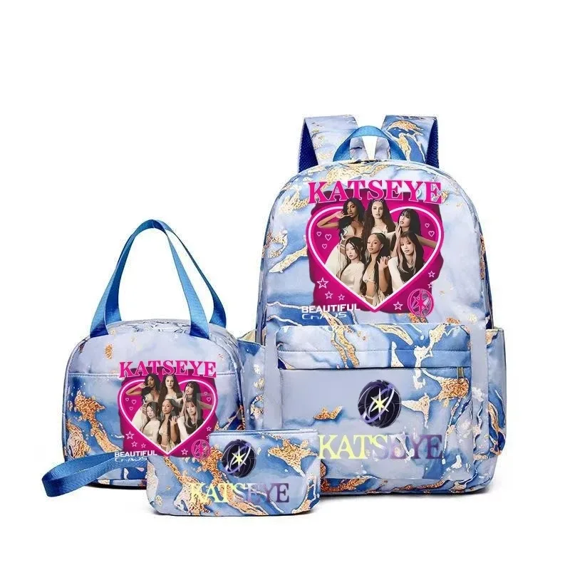 sac à dos grande capacité imprimé katseye amusant, léger, pour l'école, les voyages, décontracté, pour femmes et filles, avec compartiment pour stylos et sac à déjeuner