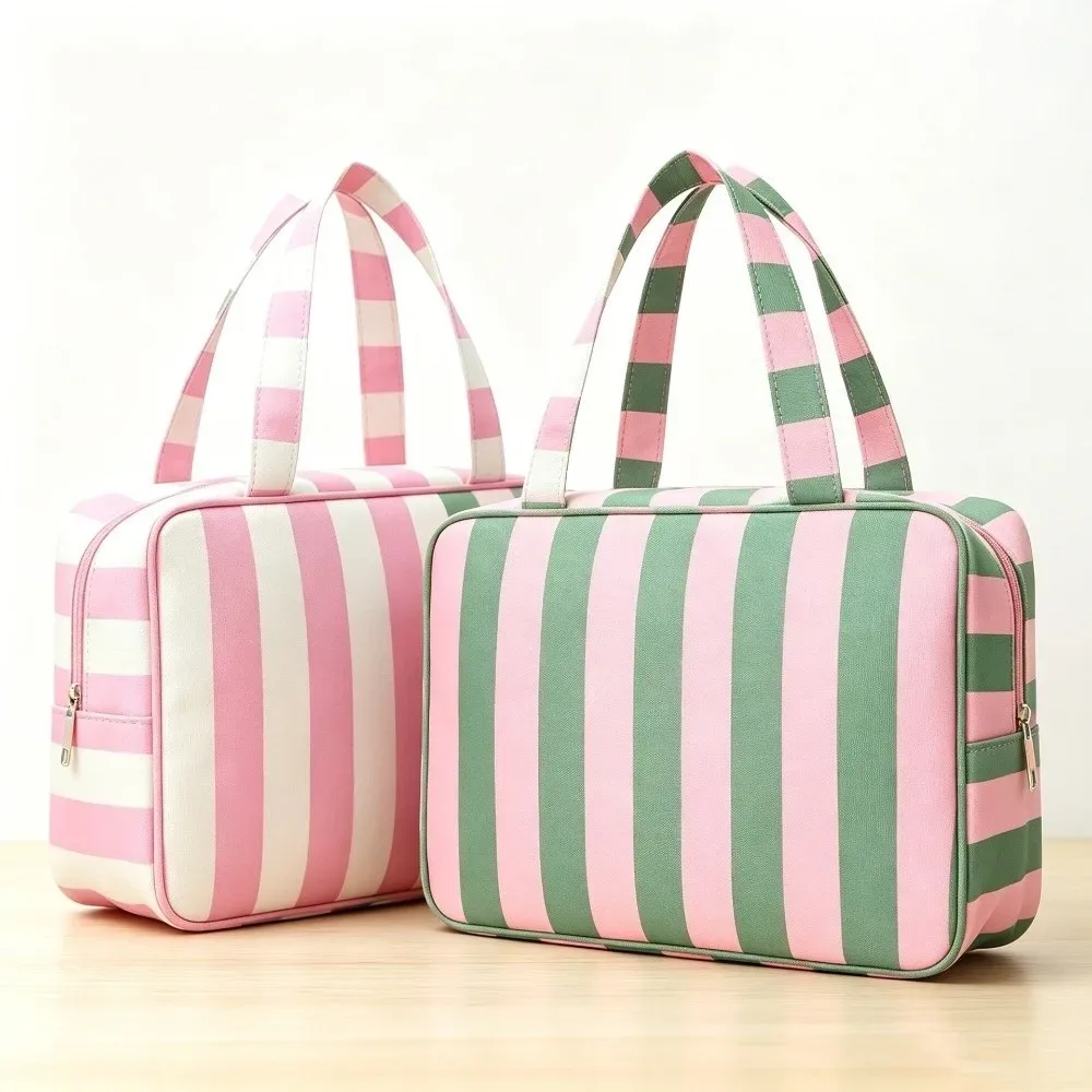 sac de rangement pour articles de toilette rayé grande capacité, pliable, multi-compartiments, sac de maquillage de voyage, pochette cosmétique durable et portable