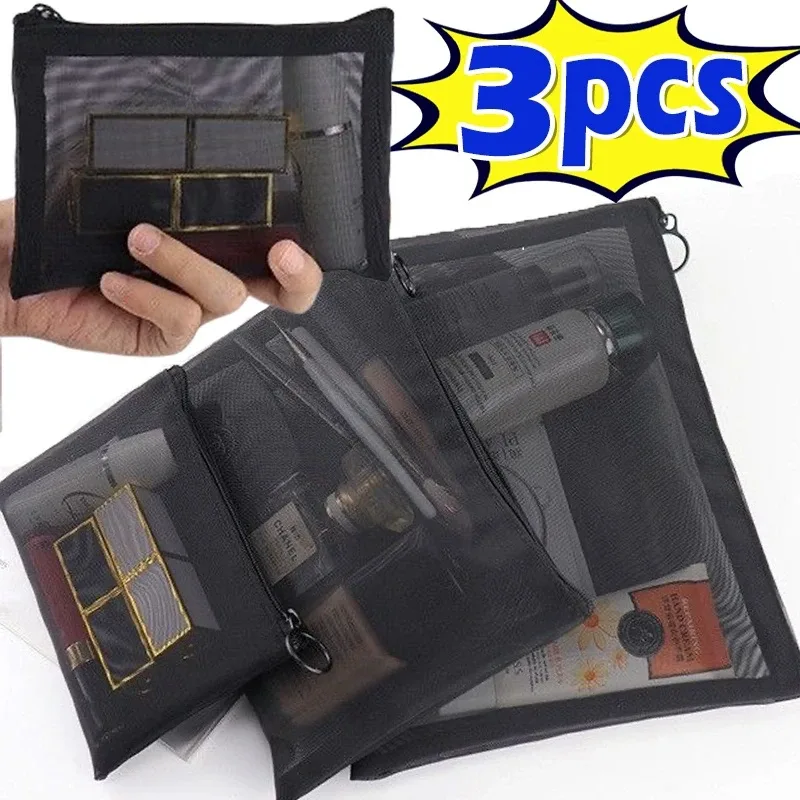 sacs cosmétiques en maille transparente, petits et grands, noirs, trousse de maquillage portable, organiseur de voyage, pochette de rangement pour rouge à lèvres, 1/3 pièces