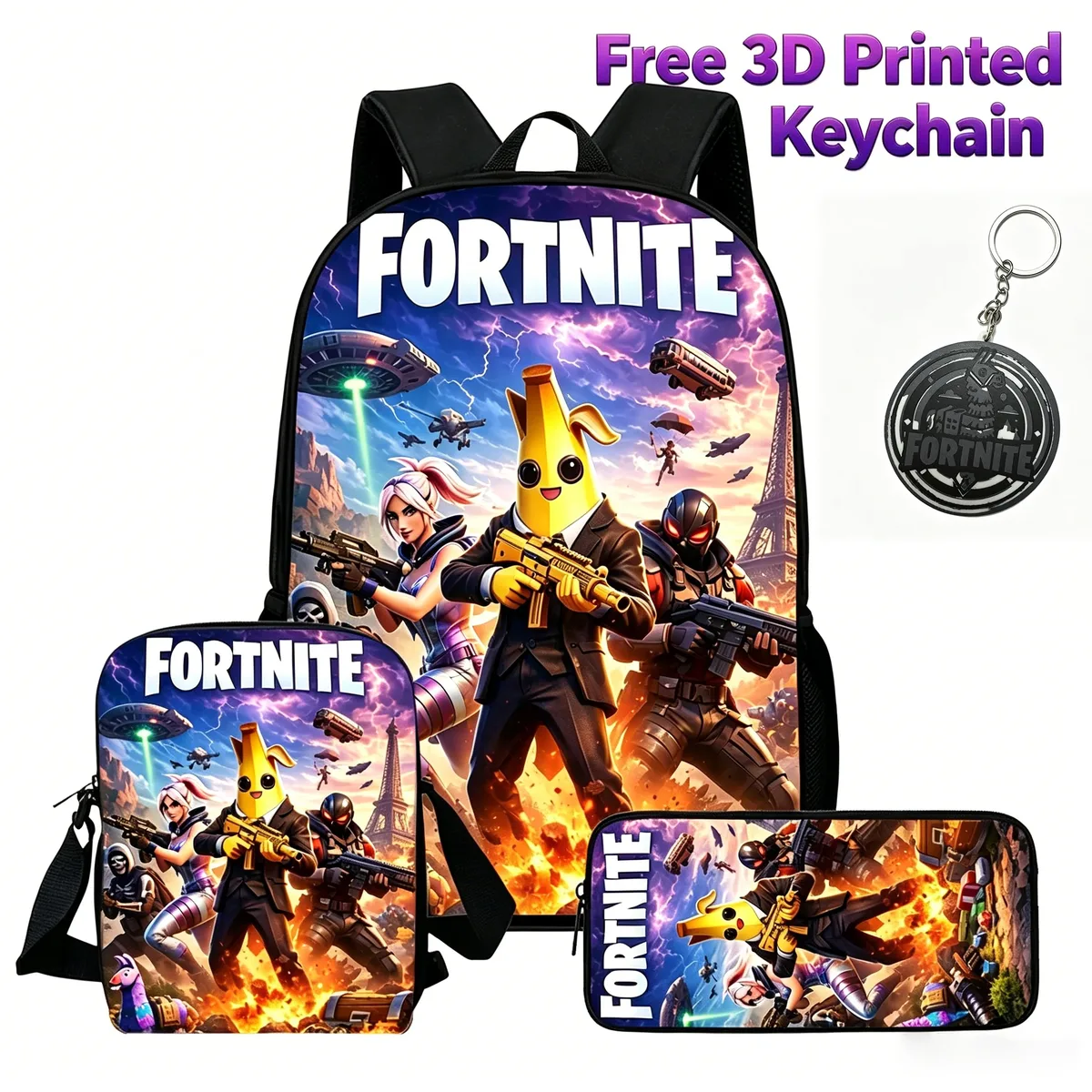 Ensemble de 3 sacs à dos pour enfants, sac à bandoulière et trousse à crayons, sac de dessin animé FORTNITE, léger pour garçons et filles de 6 à 10 ans, porte-clés imprimé en 3D gratuit