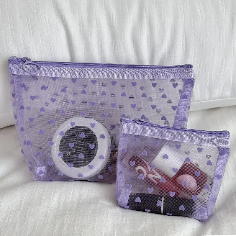 sac de rangement de cosmétiques pour femmes, support organisateur de voyage, sac à main en maille de nylon imprimé cœur violet, sac de maquillage transparent et mignon, pochette