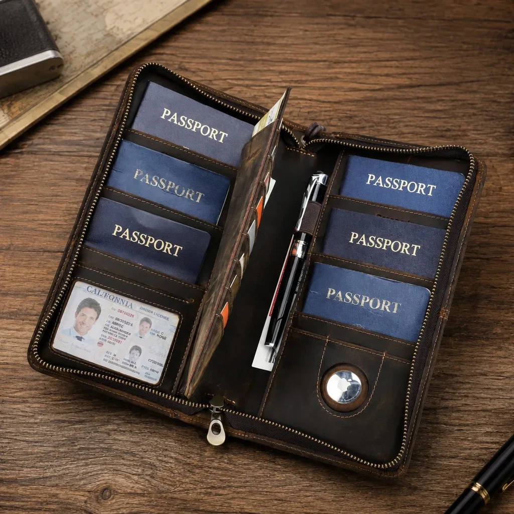porte-passeport familial en cuir véritable contact's avec emplacement airtag, porte-stylo, pochette à monnaie, portefeuille de voyage et de passeports