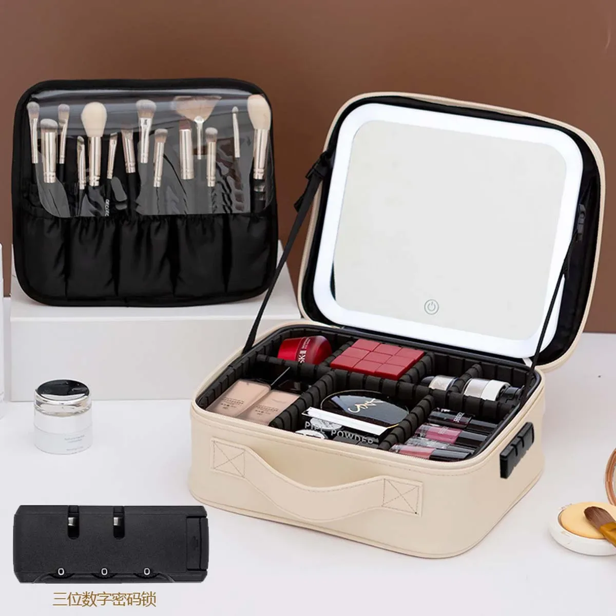 trousse de maquillage de voyage à lumière led avec miroir, grande capacité, sac de rangement avancé, étui de rangement portable, serrure à combinaison