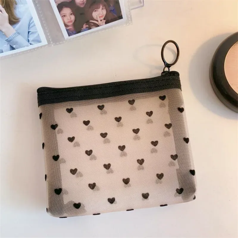 sacs de rangement en maille transparente en forme de cœur pour femmes, sac à cosmétiques nécessaire, organisateur de voyage, petits et grands sacs de toilette noirs, pochette de maquillage