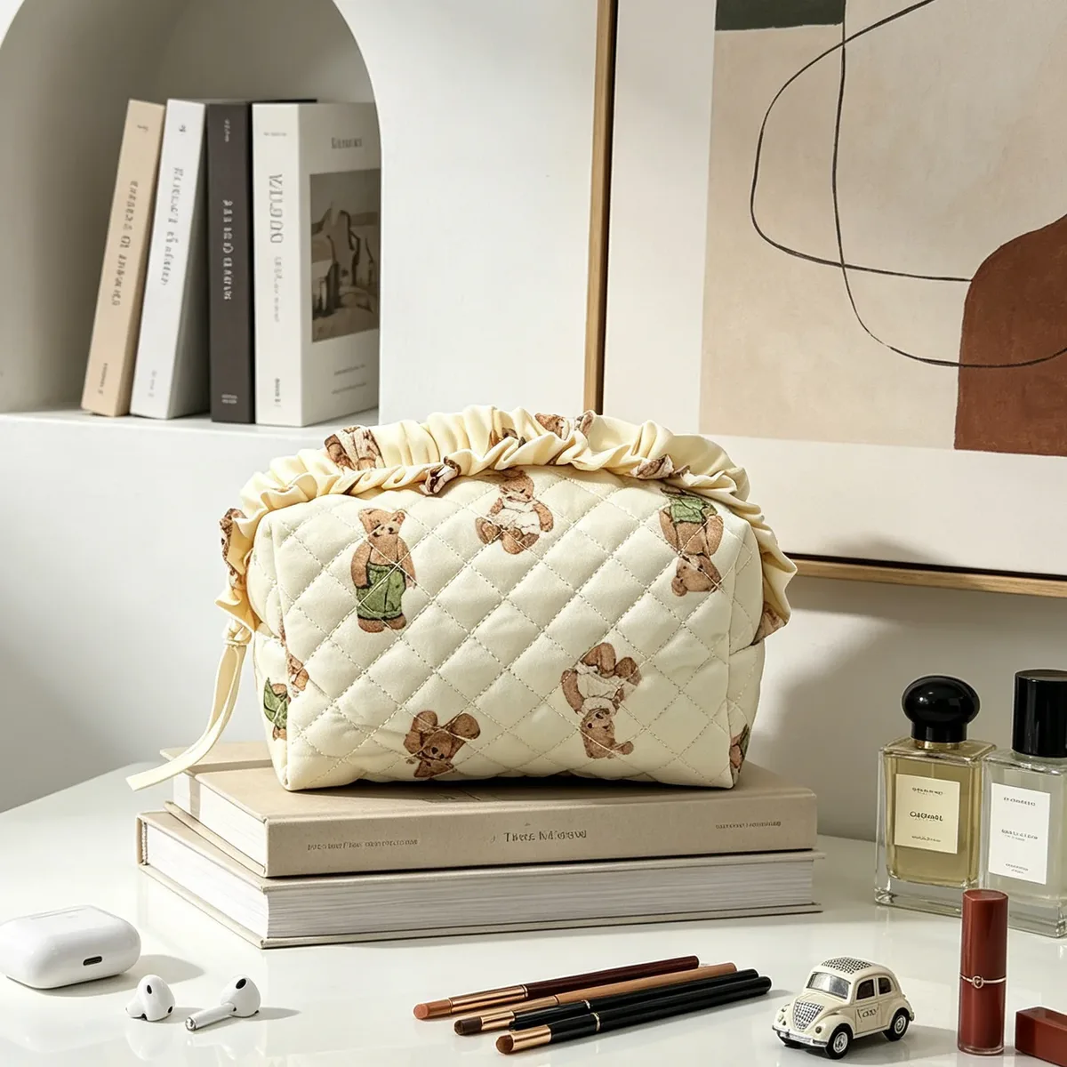 pochette de maquillage matelassée à imprimé floral et volants pour femme, organiseur de maquillage portable, étui de rangement pour voyage et toilette