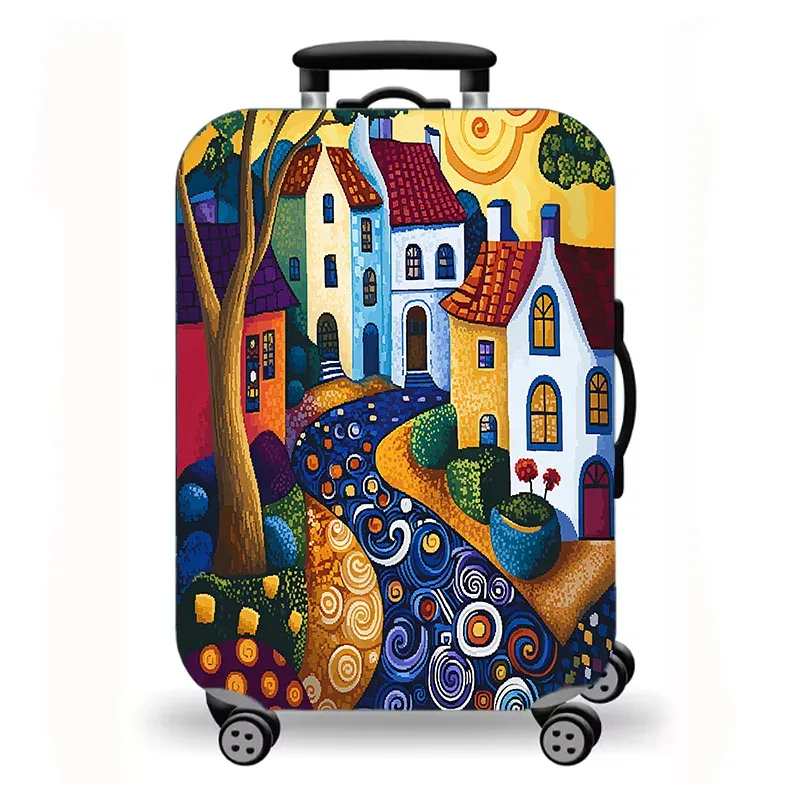 housse de bagage, housse de protection extensible pour valise avec imprimé artistique folklorique de ville de conte de fées colorée, housse de bagage de voyage lavable et anti-rayures