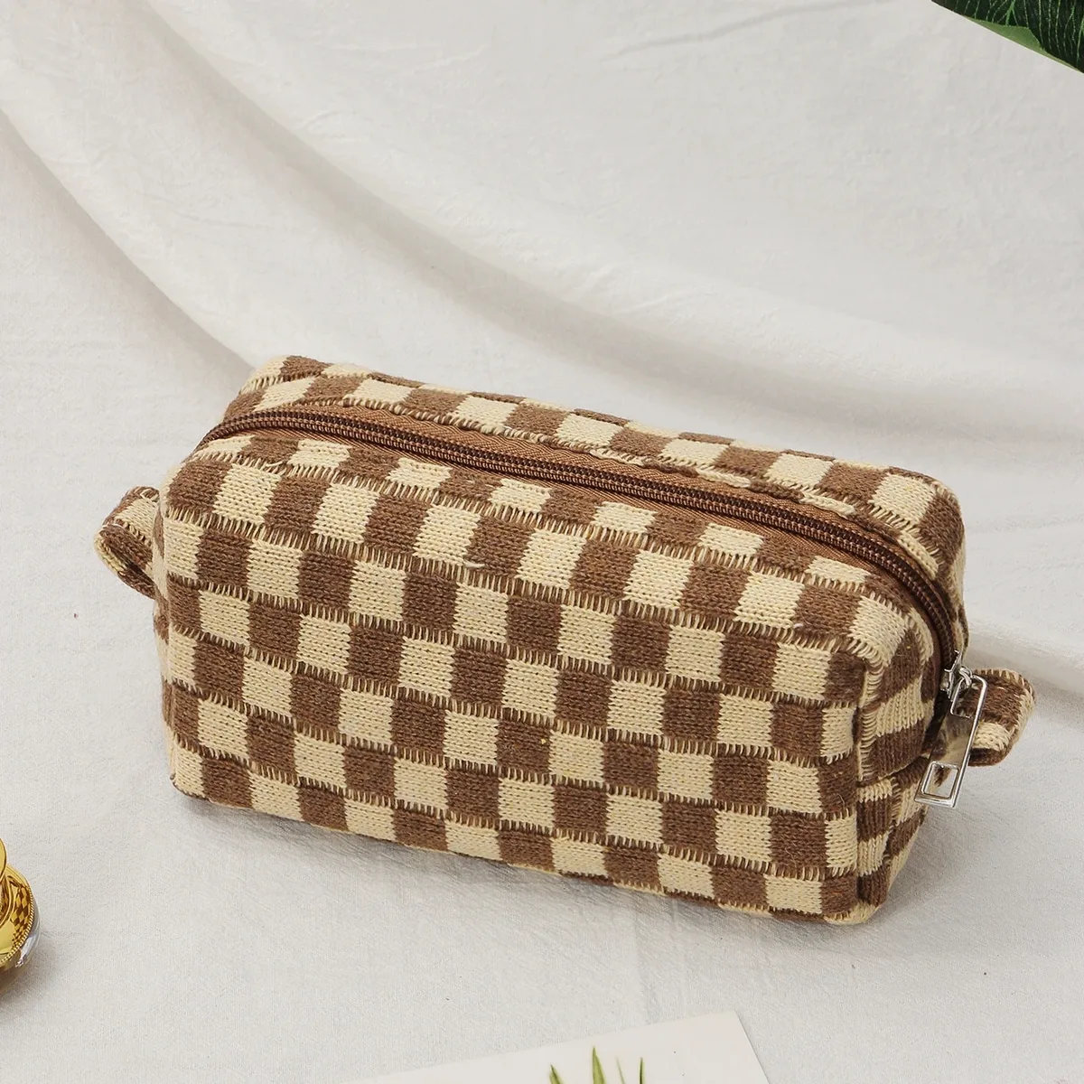 sac à cosmétiques en damier, sac de rangement de toilette tricoté, pochette de maquillage colorée, organisateur, sac à cosmétiques à motif à carreaux