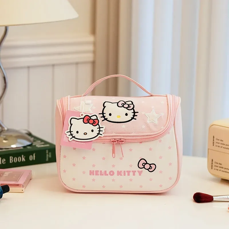 véritable trousse de maquillage hellokitty, trousse de toilette à motif à pois, compartiment multifonctionnel, sac de rangement pour cosmétiques suspendu, sac à main.