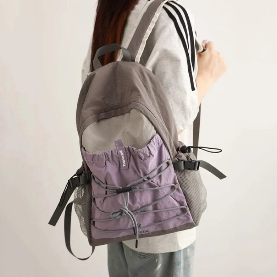 Sac à dos à cordon de serrage bicolore, léger, en nylon, pour étudiants, idéal pour les voyages, la randonnée et les activités de plein air, pour hommes, femmes et adolescents.