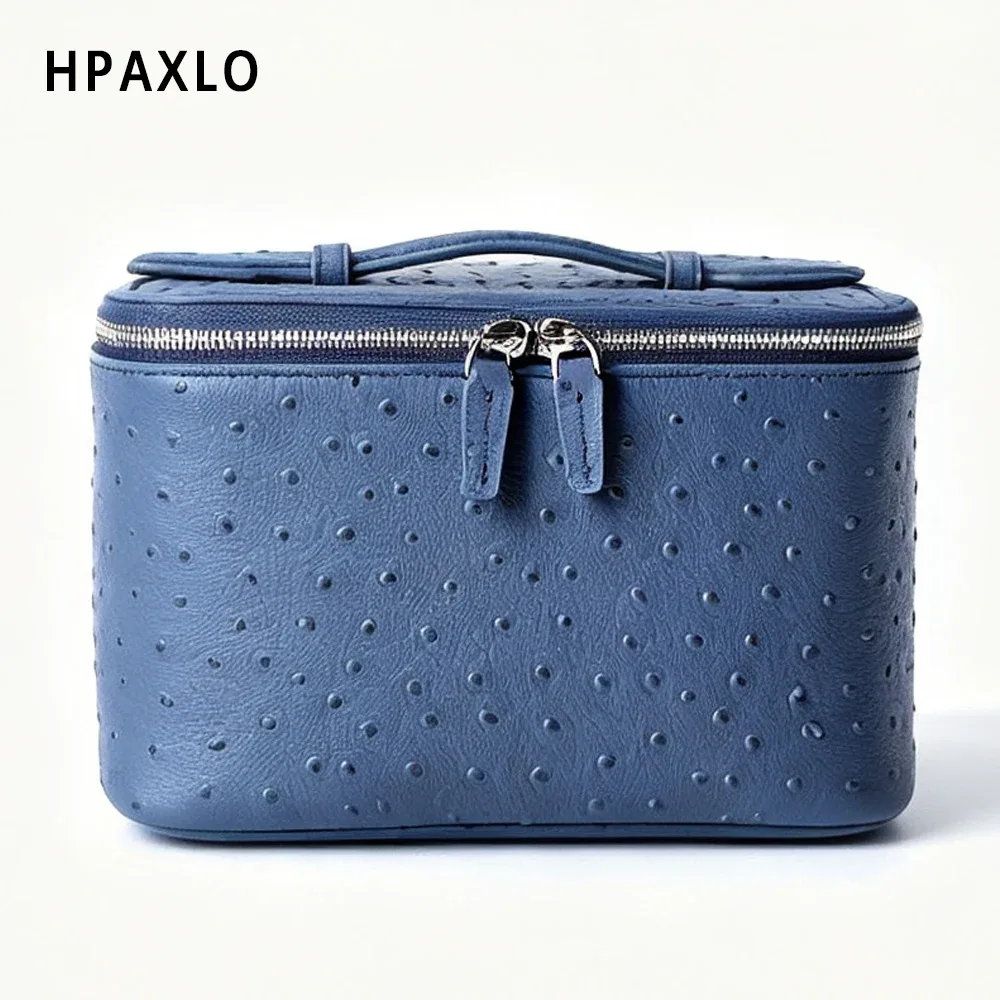 sac de toilette pour femme en cuir véritable à motif d'autruche, sac de voyage carré tendance, organiseur de cosmétiques, grand sac à cosmétiques, sac à main, neuf
