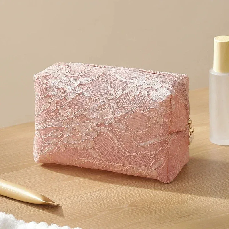 sac de maquillage en dentelle pour femmes, grande capacité, organisateur de cosmétiques et de bijoux, sac de toilette carré portable à fermeture éclair