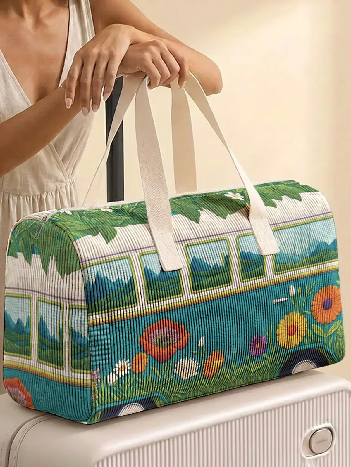 sac de voyage imprimé de bus floral rétro, deux styles, sac à main portable adapté aux voyages de week-end, aux sports et aux courses, 1 pièce
