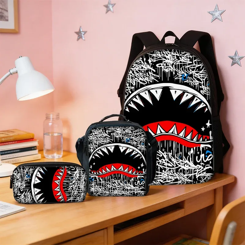 ensemble de 3 sacs à dos légers à motif requin style graffiti, grande capacité, pour l'école, les voyages, sac à bandoulière, trousse à crayons, cadeau