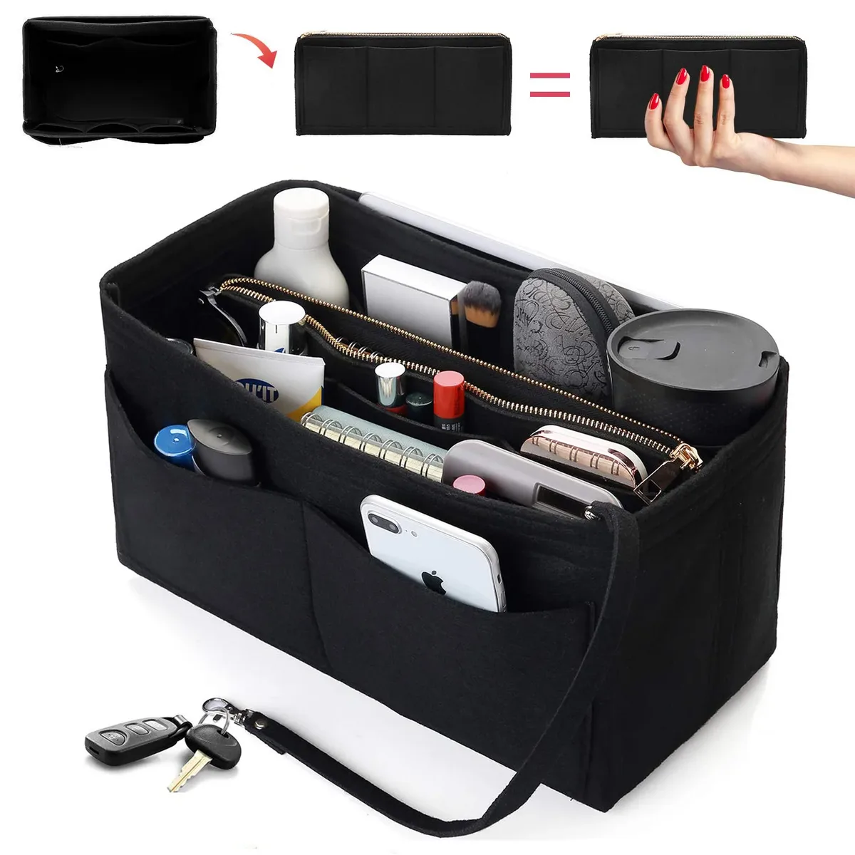 Insert organisateur de sac à main en feutre – Séparateur de sac fourre-tout de voyage avec fermeture éclair, insert de sac à main pour Longchamp, Neverfull, Speedy & More