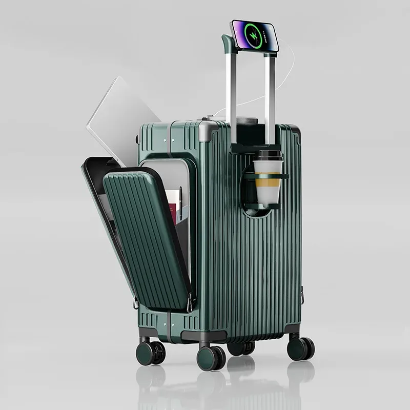 valise multifonctionnelle à ouverture frontale à trois ouvertures, nouveau style, matériau pc de 20 pouces avec poches doubles latérales, tra de grande capacité