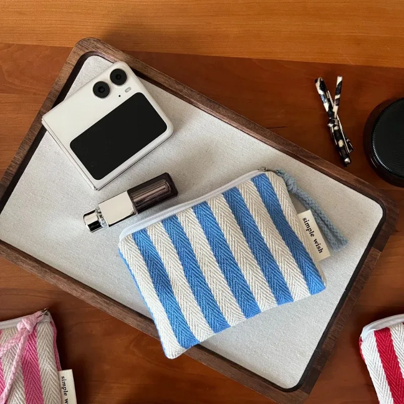 petite trousse de maquillage, mini sacs organisateurs en toile rayée pour femmes, étui à rouge à lèvres, trousse de maquillage, porte-monnaie mignon pour enfants