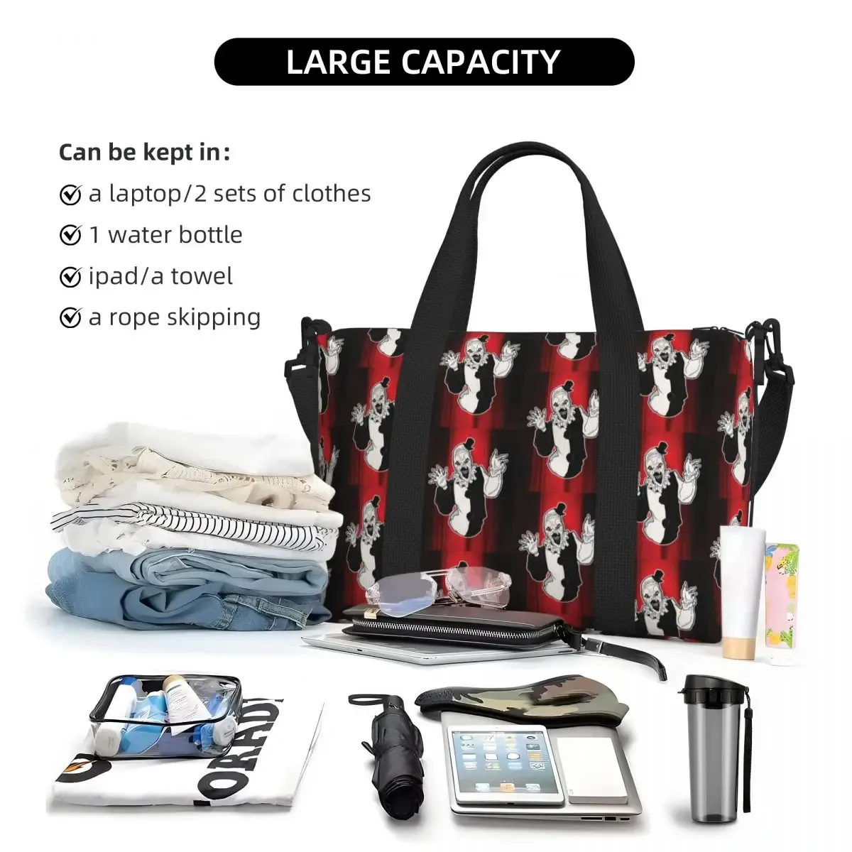 sac fourre-tout personnalisé t-terrifiers 3 halloween pour femmes, sacs de voyage de grande capacité pour plage et gymnastique