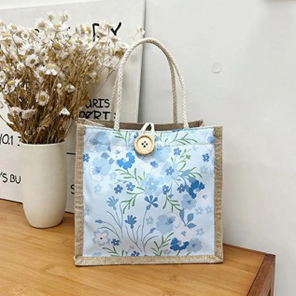 sac fourre-tout en lin avec fermoir à bouton, sac à lunch en poudre, sac fourre-tout, sac à main à bento, impression de fleurs mignonnes, sac à bento alimentaire pour pique-nique