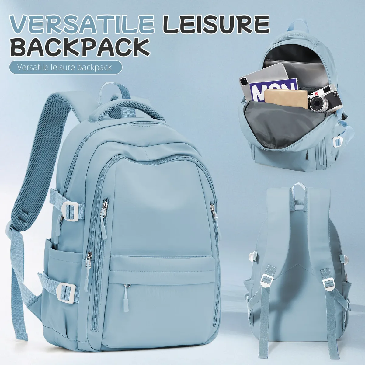 sac à dos de voyage décontracté antivol pour femme, design multi-poches en bleu clair durable pour l'école, le lycée et l'université