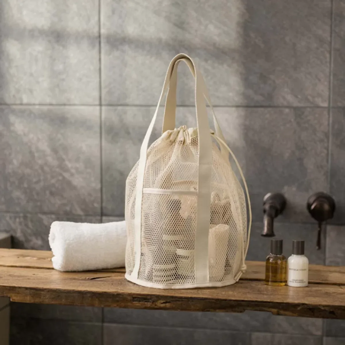 sac de plage en filet avec cordon de serrage, sac fourre-tout de plage pliable, sac à jouets de plage avec 2 poches avant, sacs en filet pour piscine avec cordon de serrage